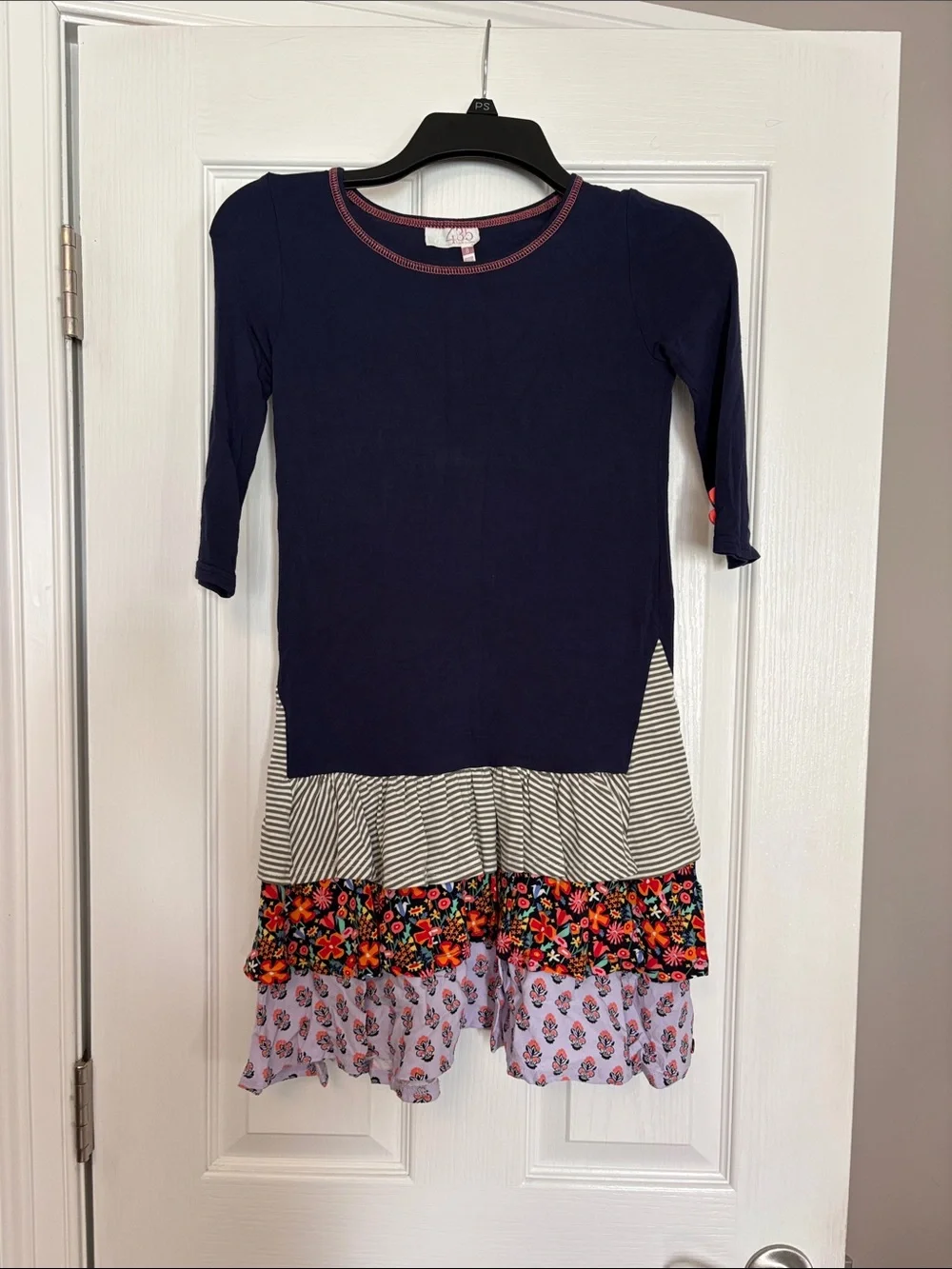 Kids size 8 Matilda Jane Navy Multi -Tier Floral & Stripe Casual Dress for Girls